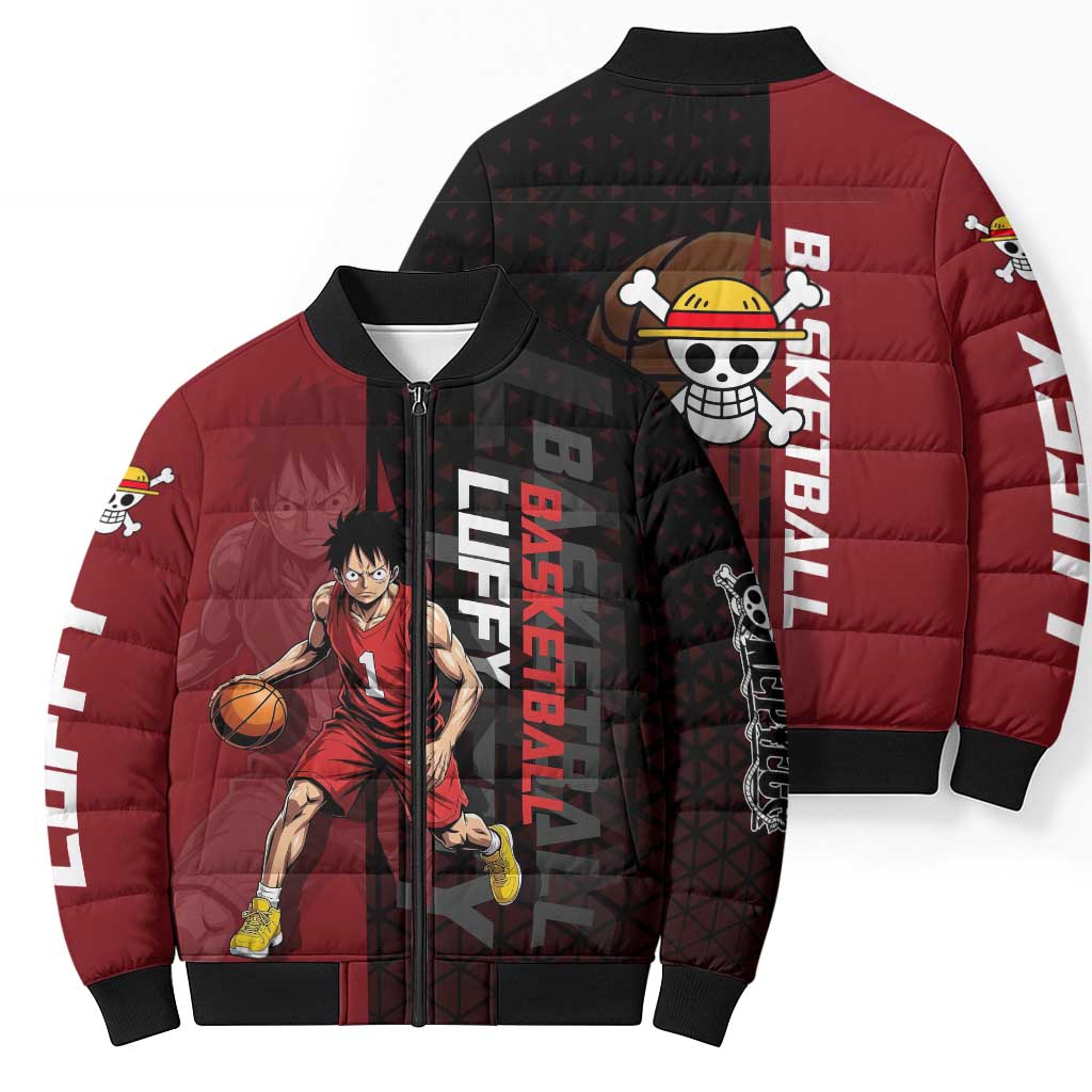 Luffy One Piece Basketball Theme Red and Black Design Bomber Puffer Jacket with Straw Hat Pirate Logo and Sports Pose - The Mazicc