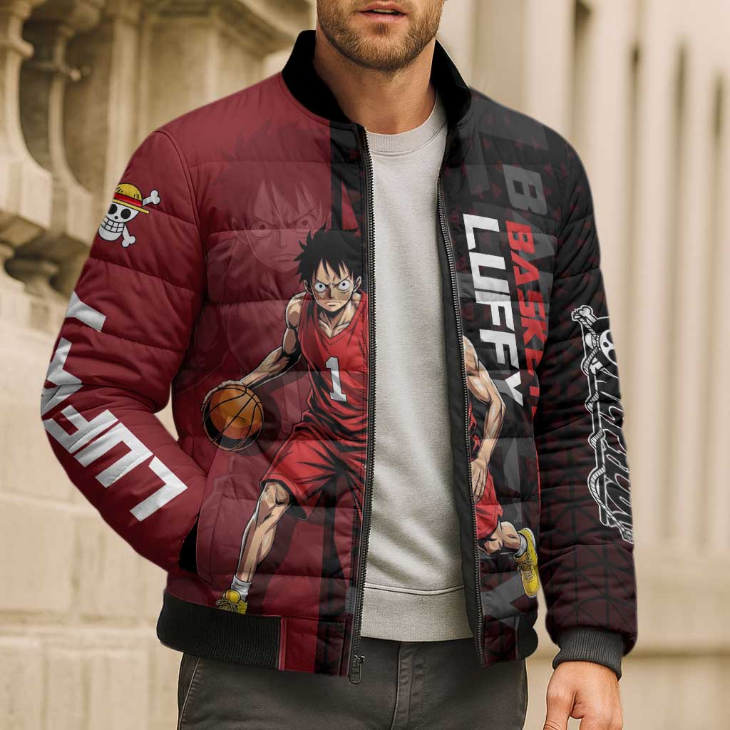 Luffy One Piece Basketball Theme Red and Black Design Bomber Puffer Jacket with Straw Hat Pirate Logo and Sports Pose - The Mazicc