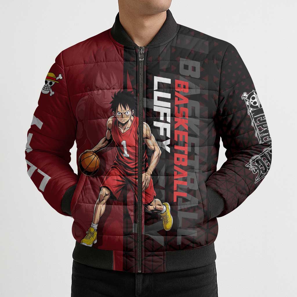 Luffy One Piece Basketball Theme Red and Black Design Bomber Puffer Jacket with Straw Hat Pirate Logo and Sports Pose - The Mazicc