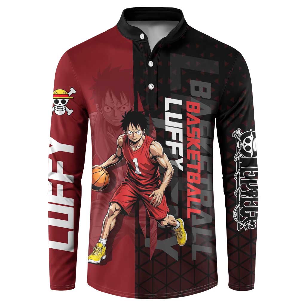 Luffy One Piece Basketball Theme Red and Black Design Button Sweatshirt with Straw Hat Pirate Logo and Sports Pose - The Mazicc