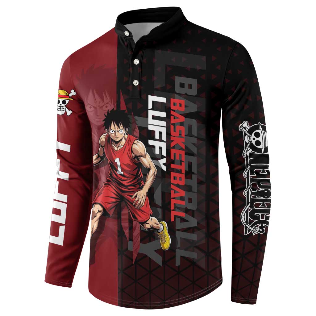Luffy One Piece Basketball Theme Red and Black Design Button Sweatshirt with Straw Hat Pirate Logo and Sports Pose - The Mazicc