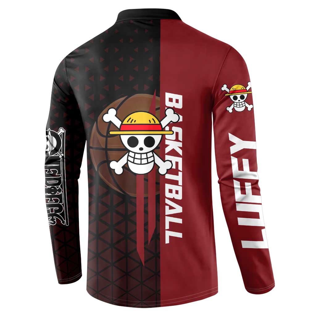 Luffy One Piece Basketball Theme Red and Black Design Button Sweatshirt with Straw Hat Pirate Logo and Sports Pose - The Mazicc
