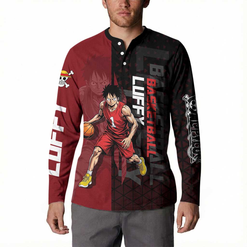 Luffy One Piece Basketball Theme Red and Black Design Button Sweatshirt with Straw Hat Pirate Logo and Sports Pose - The Mazicc