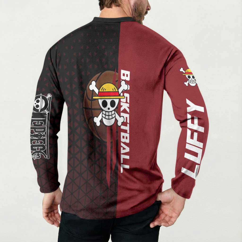 Luffy One Piece Basketball Theme Red and Black Design Button Sweatshirt with Straw Hat Pirate Logo and Sports Pose - The Mazicc