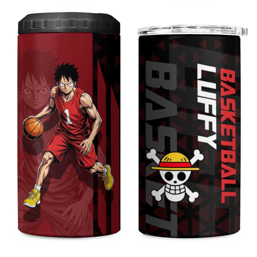 Luffy One Piece Basketball Theme Red and Black Design 4 in 1 Can Cooler Tumbler with Straw Hat Pirate Logo and Sports Pose - The Mazicc