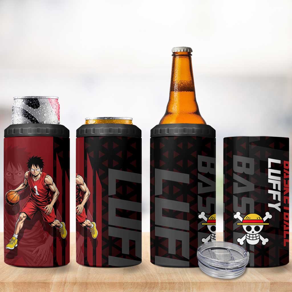 Luffy One Piece Basketball Theme Red and Black Design 4 in 1 Can Cooler Tumbler with Straw Hat Pirate Logo and Sports Pose - The Mazicc