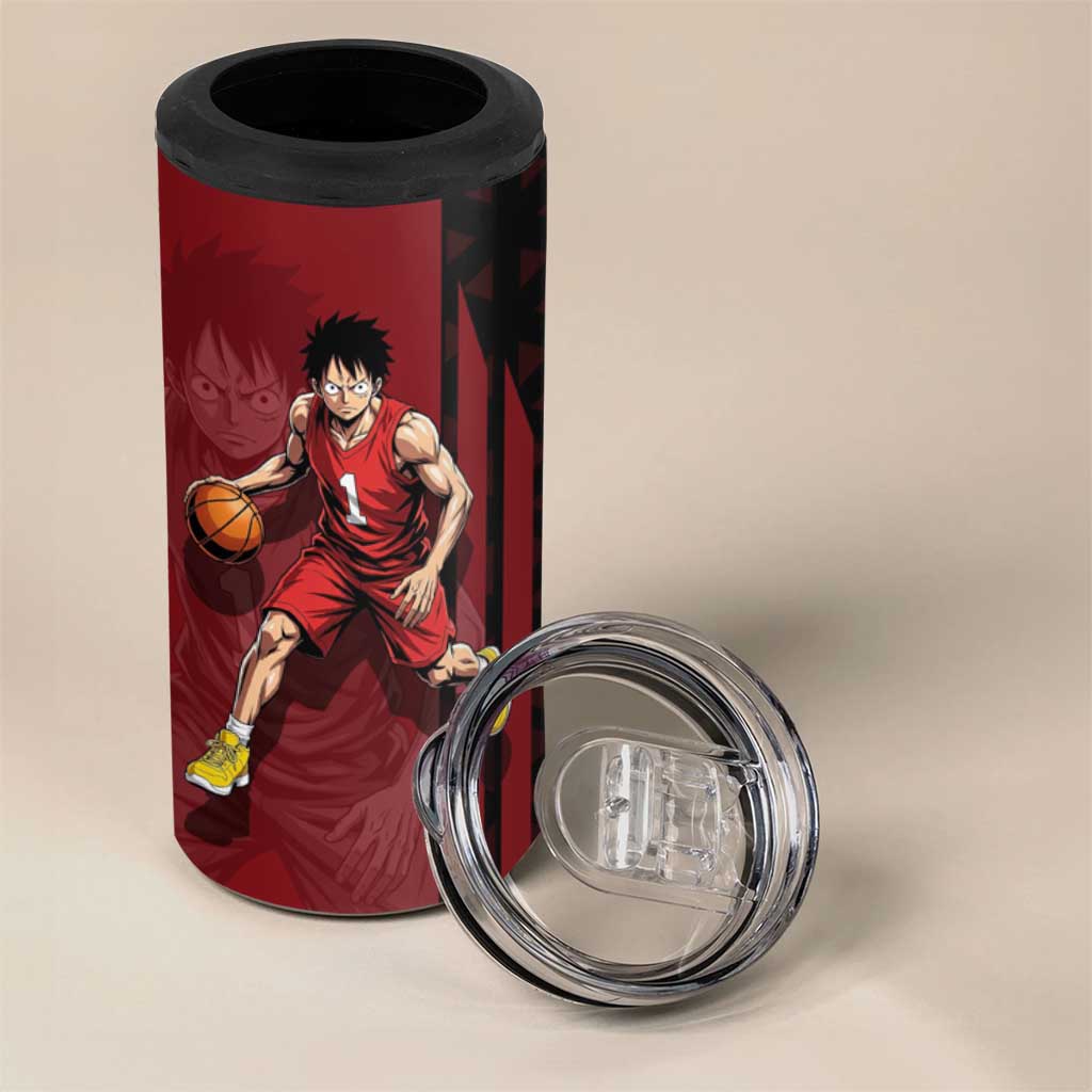 Luffy One Piece Basketball Theme Red and Black Design 4 in 1 Can Cooler Tumbler with Straw Hat Pirate Logo and Sports Pose - The Mazicc