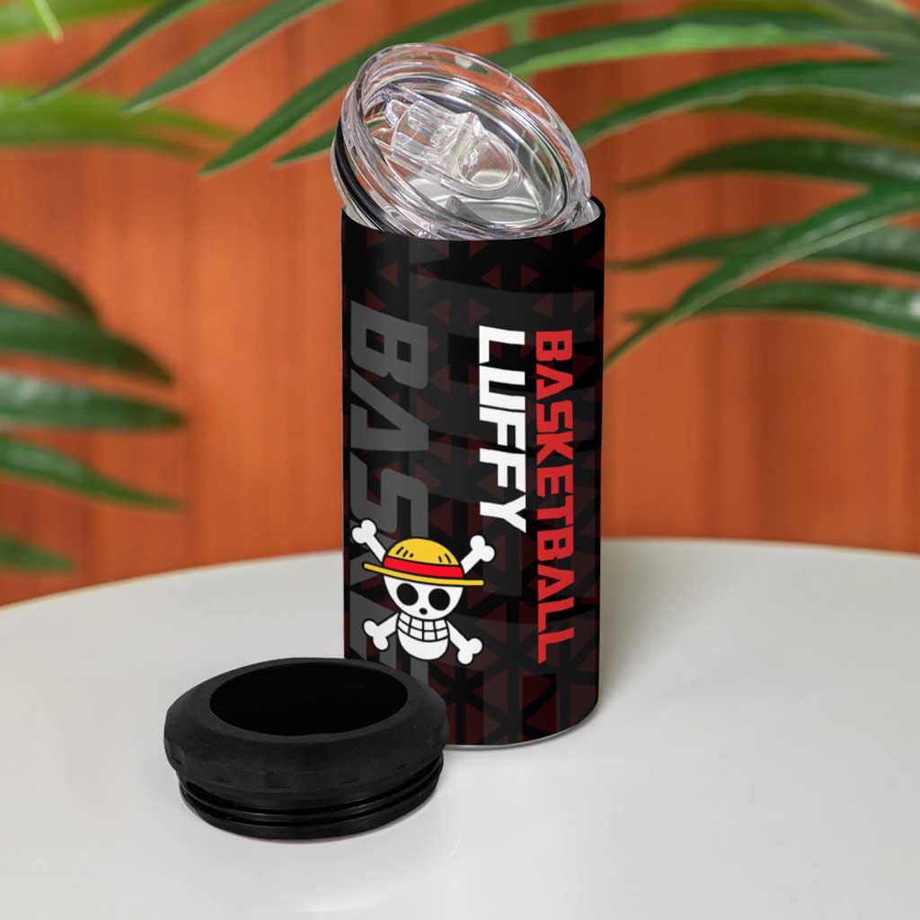 Luffy One Piece Basketball Theme Red and Black Design 4 in 1 Can Cooler Tumbler with Straw Hat Pirate Logo and Sports Pose - The Mazicc