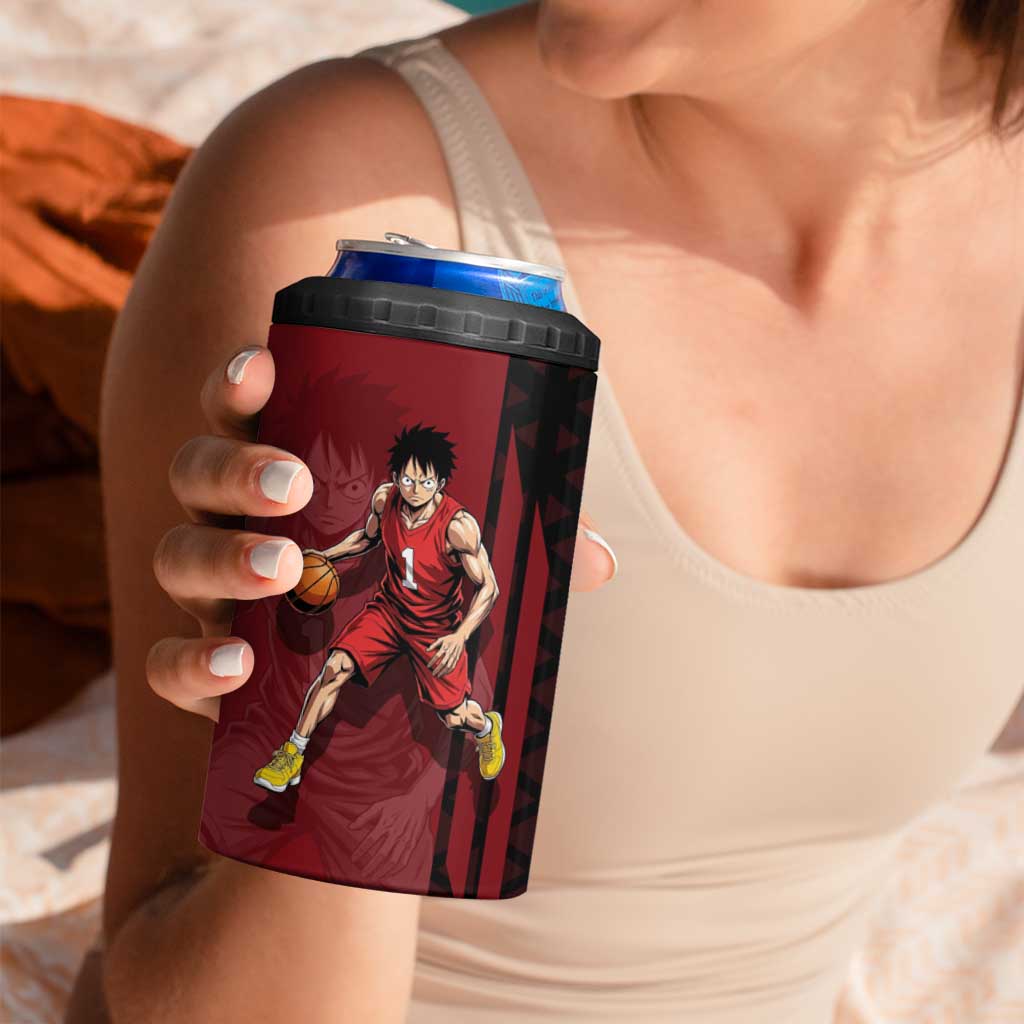 Luffy One Piece Basketball Theme Red and Black Design 4 in 1 Can Cooler Tumbler with Straw Hat Pirate Logo and Sports Pose - The Mazicc
