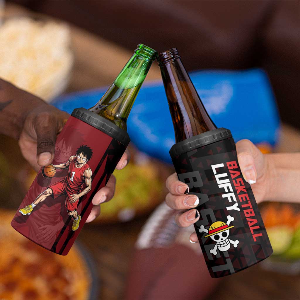 Luffy One Piece Basketball Theme Red and Black Design 4 in 1 Can Cooler Tumbler with Straw Hat Pirate Logo and Sports Pose - The Mazicc