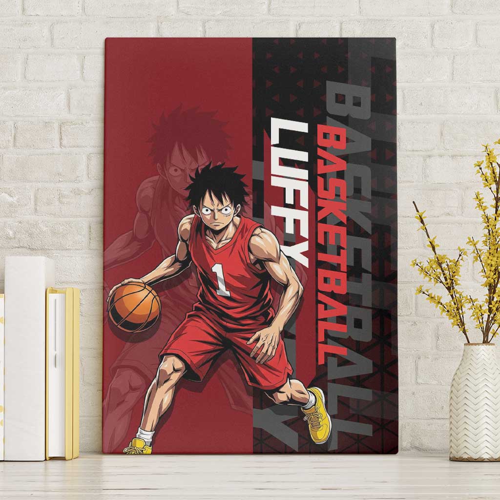Luffy One Piece Basketball Theme Red and Black Design Canvas Wall Art with Straw Hat Pirate Logo and Sports Pose - The Mazicc