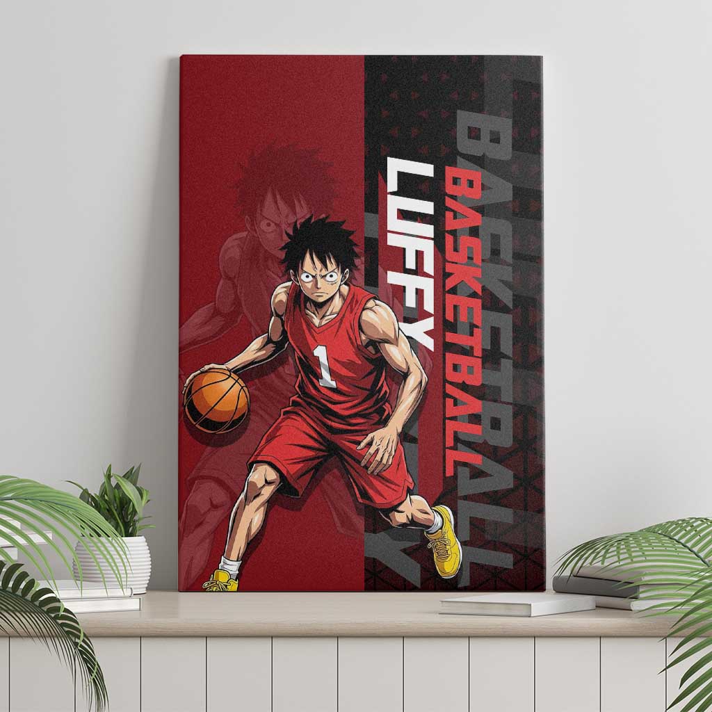 Luffy One Piece Basketball Theme Red and Black Design Canvas Wall Art with Straw Hat Pirate Logo and Sports Pose - The Mazicc