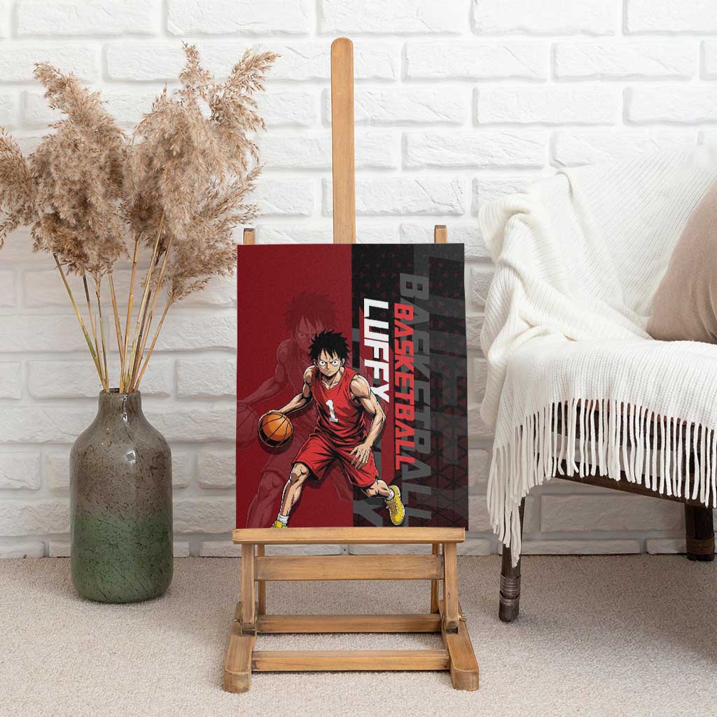 Luffy One Piece Basketball Theme Red and Black Design Canvas Wall Art with Straw Hat Pirate Logo and Sports Pose - The Mazicc