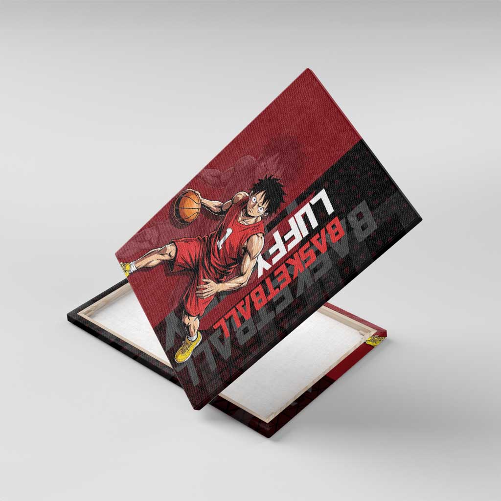 Luffy One Piece Basketball Theme Red and Black Design Canvas Wall Art with Straw Hat Pirate Logo and Sports Pose - The Mazicc