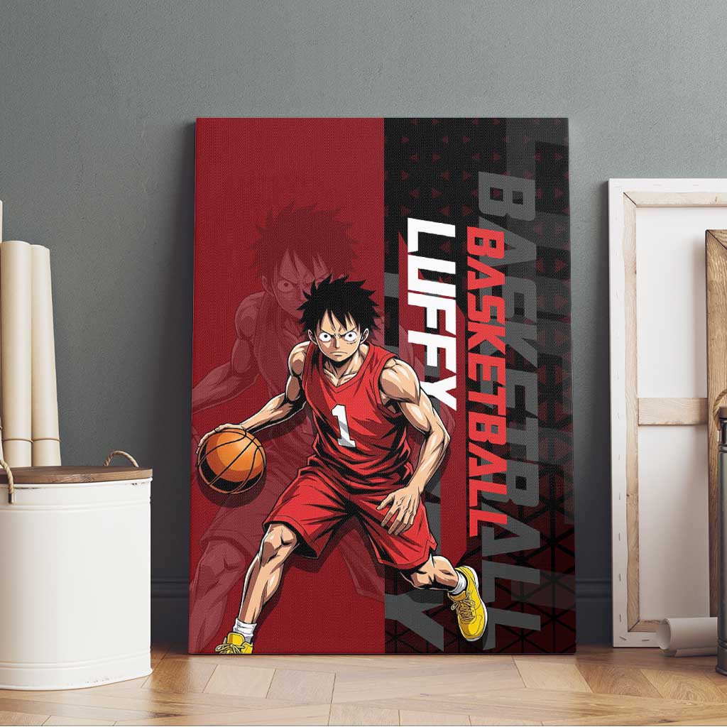 Luffy One Piece Basketball Theme Red and Black Design Canvas Wall Art with Straw Hat Pirate Logo and Sports Pose - The Mazicc