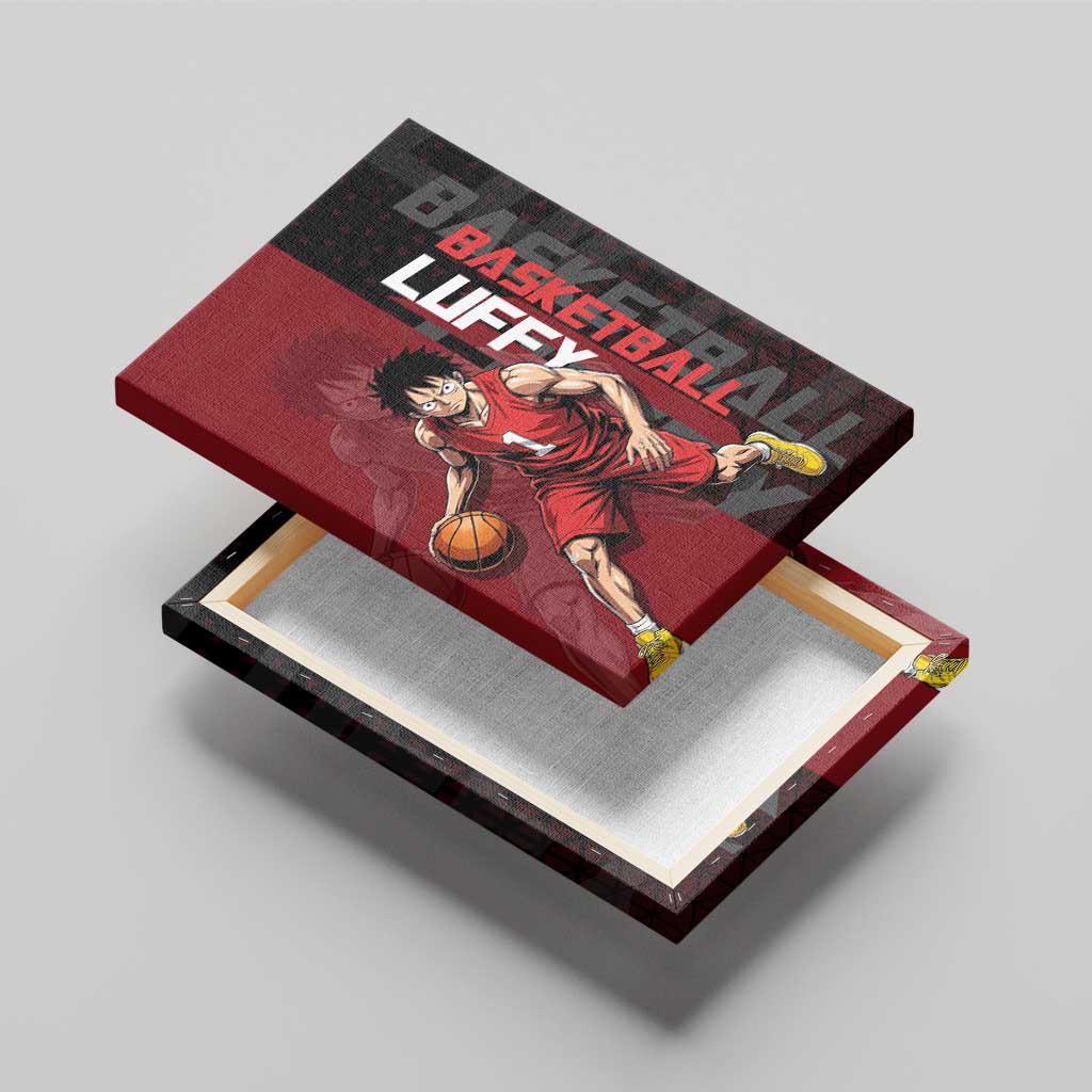 Luffy One Piece Basketball Theme Red and Black Design Canvas Wall Art with Straw Hat Pirate Logo and Sports Pose - The Mazicc