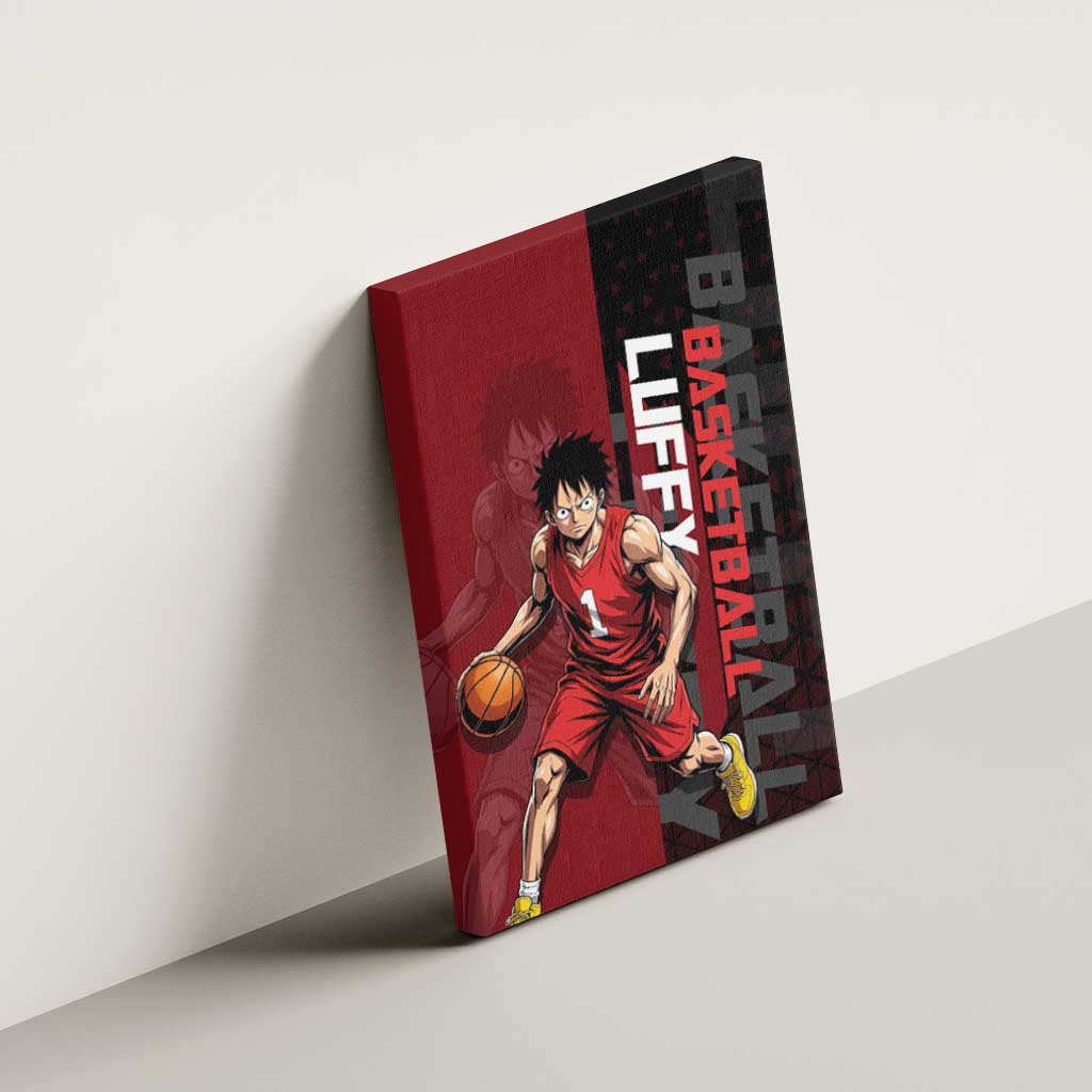 Luffy One Piece Basketball Theme Red and Black Design Canvas Wall Art with Straw Hat Pirate Logo and Sports Pose - The Mazicc