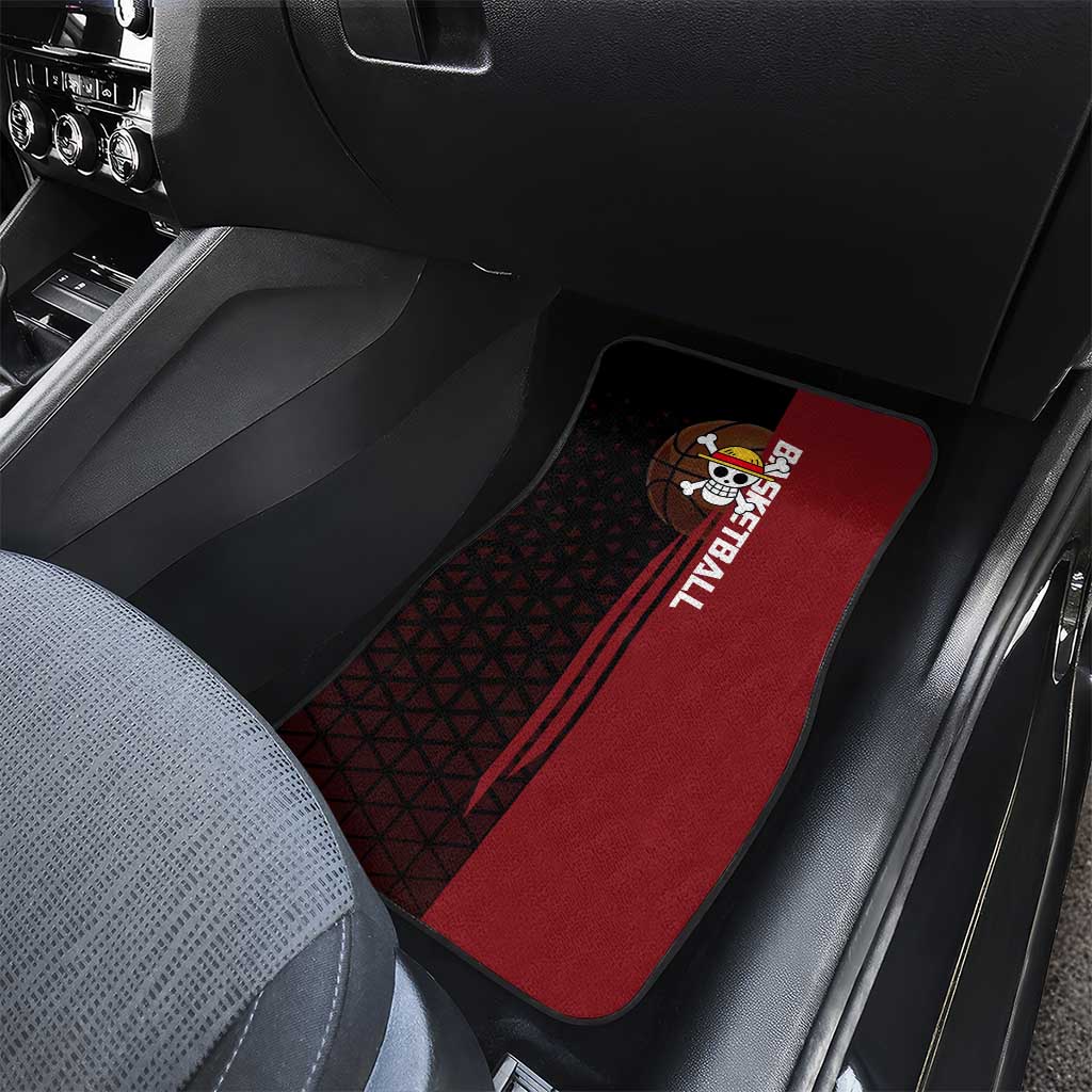 Luffy One Piece Basketball Theme Red and Black Design Car Mats with Straw Hat Pirate Logo and Sports Pose - The Mazicc