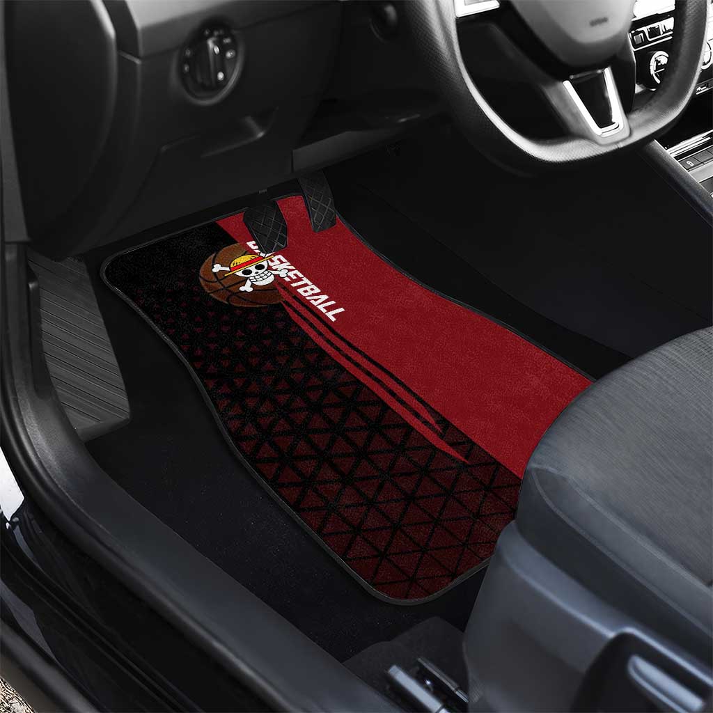 Luffy One Piece Basketball Theme Red and Black Design Car Mats with Straw Hat Pirate Logo and Sports Pose - The Mazicc