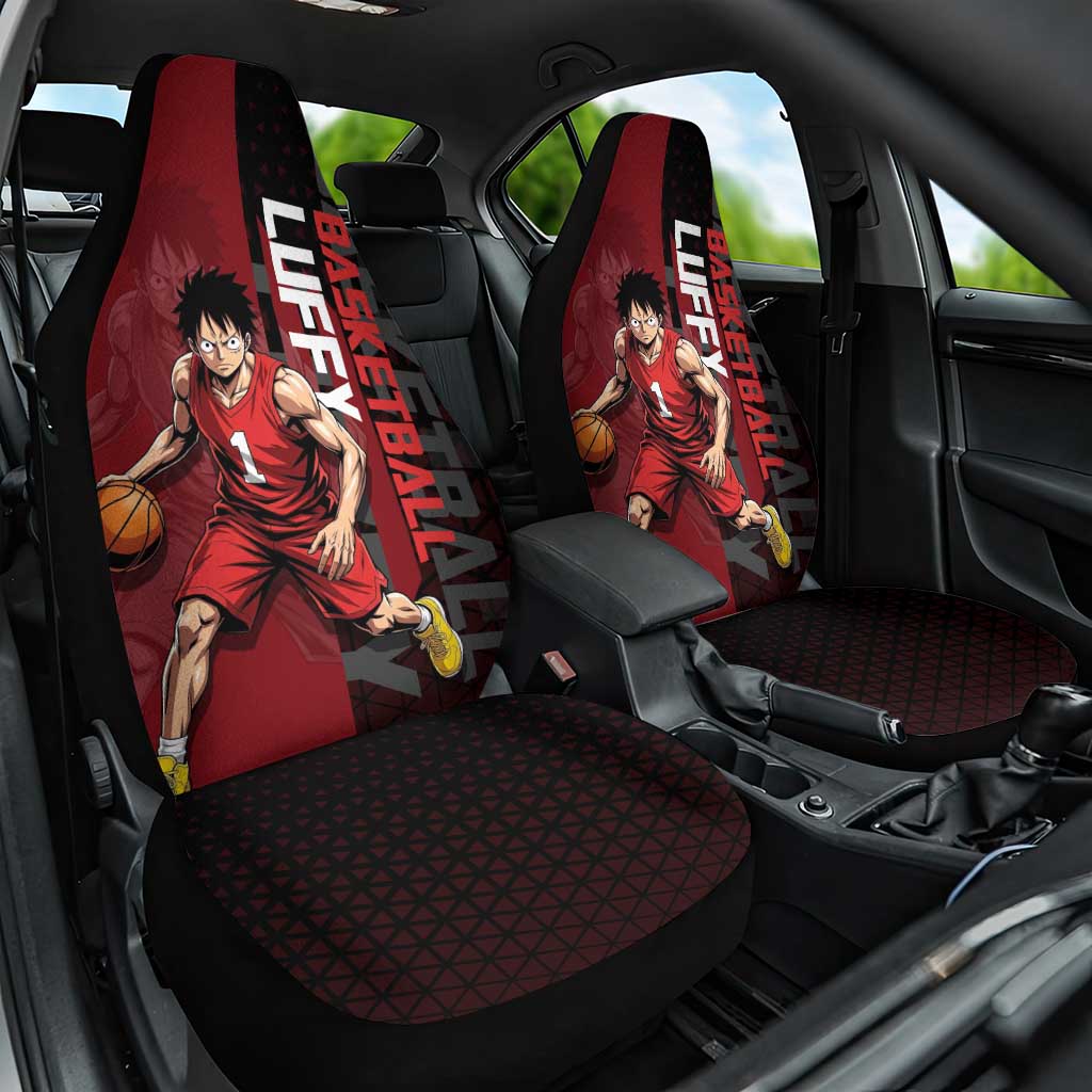 Luffy One Piece Basketball Theme Red and Black Design Car Seat Cover with Straw Hat Pirate Logo and Sports Pose - The Mazicc