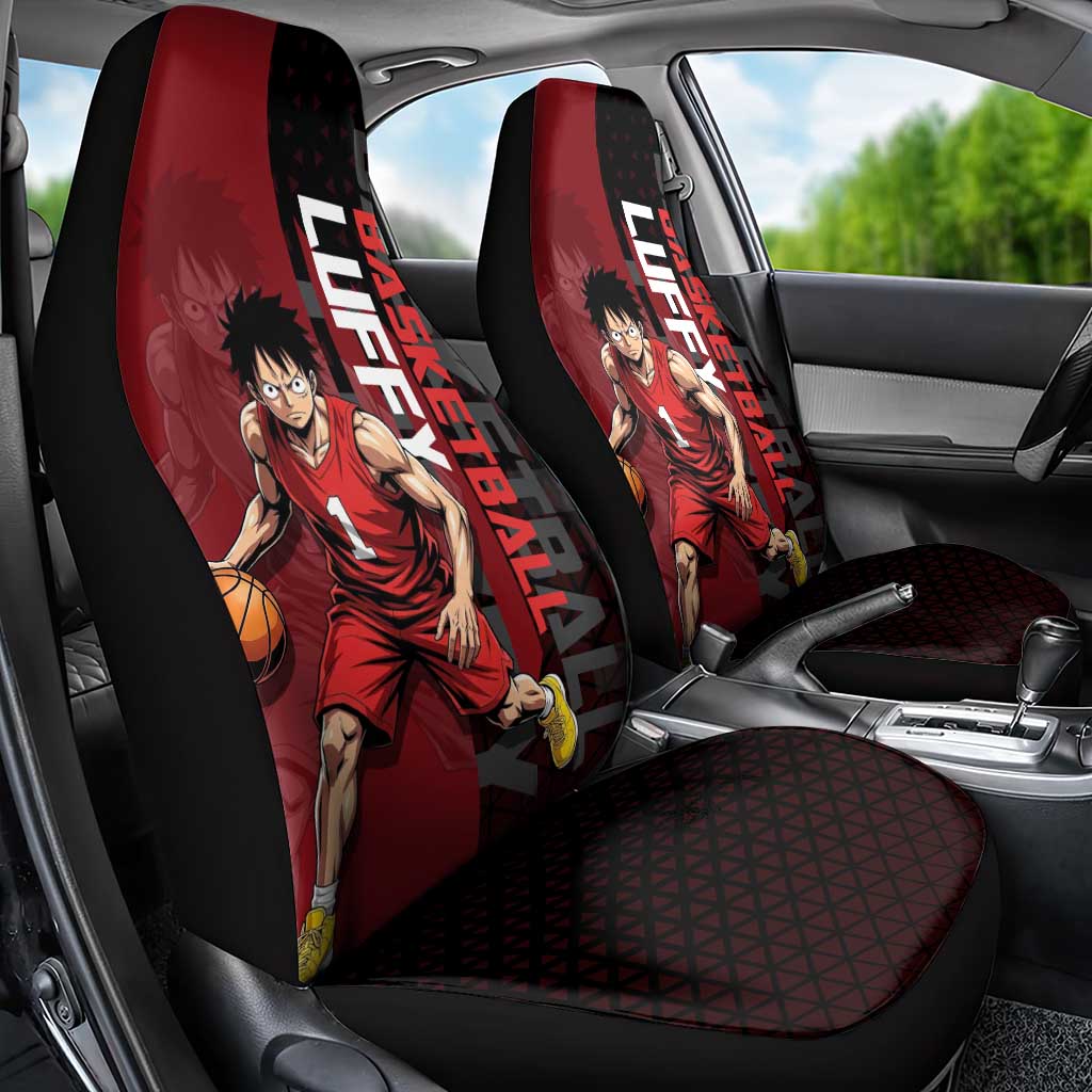 Luffy One Piece Basketball Theme Red and Black Design Car Seat Cover with Straw Hat Pirate Logo and Sports Pose - The Mazicc