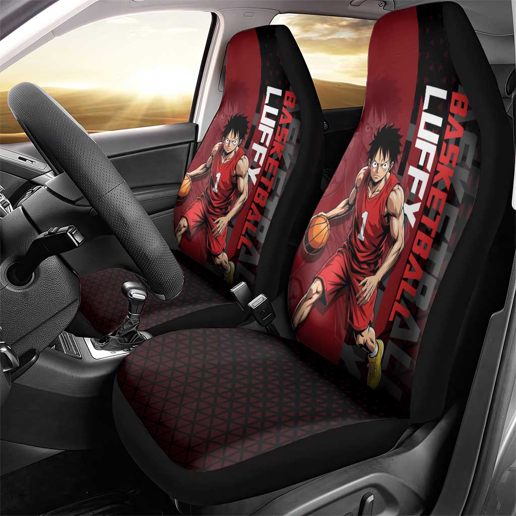 Luffy One Piece Basketball Theme Red and Black Design Car Seat Cover with Straw Hat Pirate Logo and Sports Pose - The Mazicc