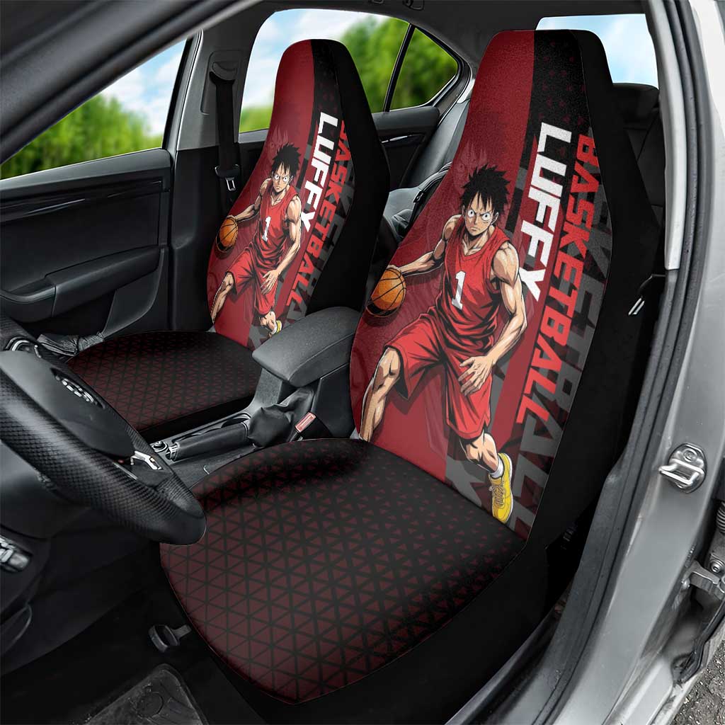 Luffy One Piece Basketball Theme Red and Black Design Car Seat Cover with Straw Hat Pirate Logo and Sports Pose - The Mazicc