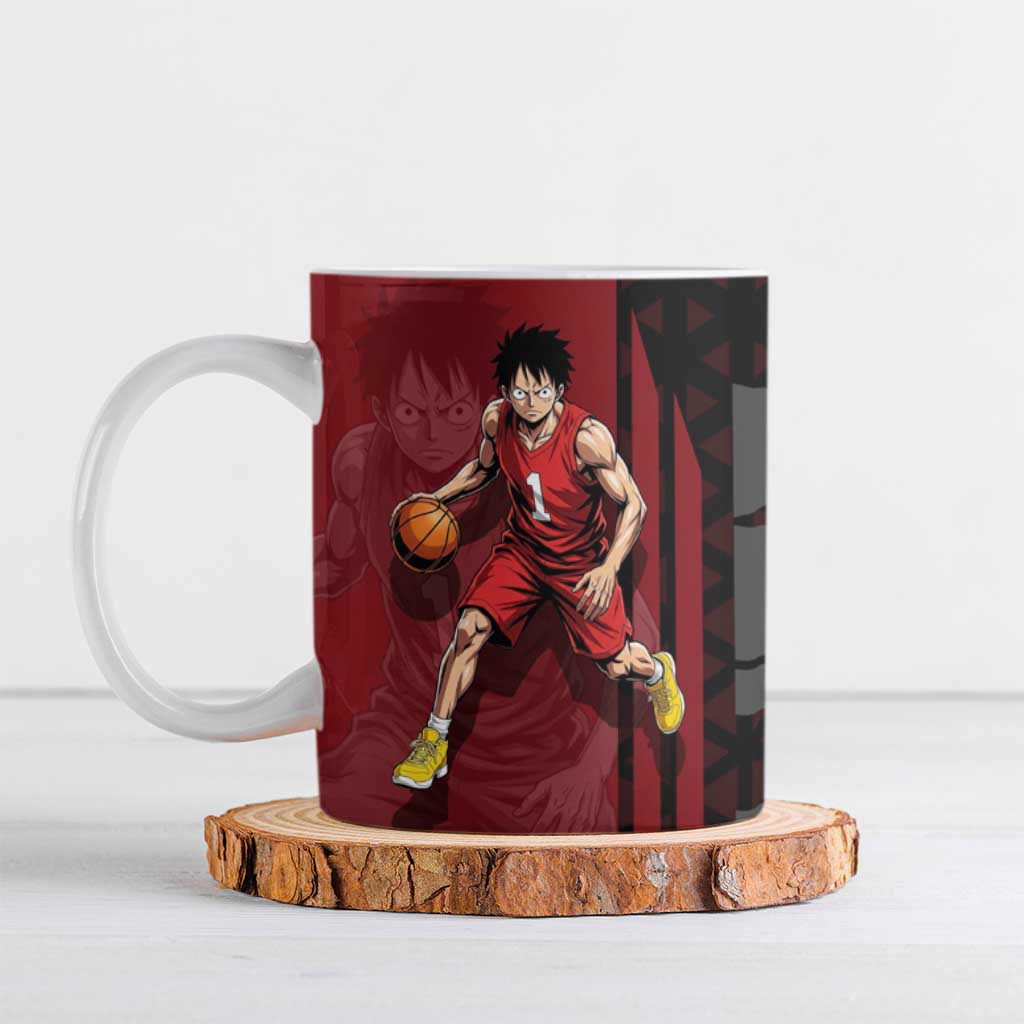Luffy One Piece Basketball Theme Red and Black Design Ceramic Mug with Straw Hat Pirate Logo and Sports Pose - The Mazicc