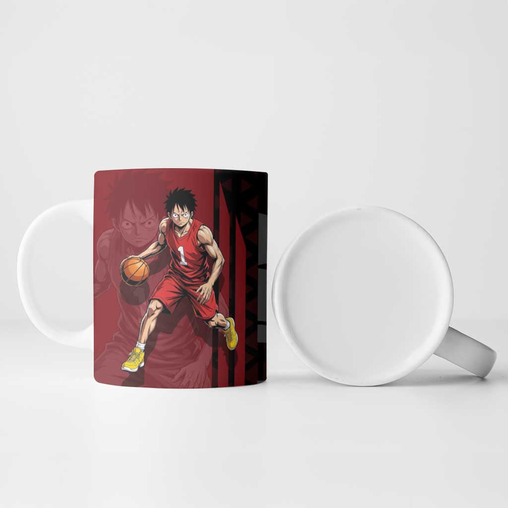 Luffy One Piece Basketball Theme Red and Black Design Ceramic Mug with Straw Hat Pirate Logo and Sports Pose - The Mazicc