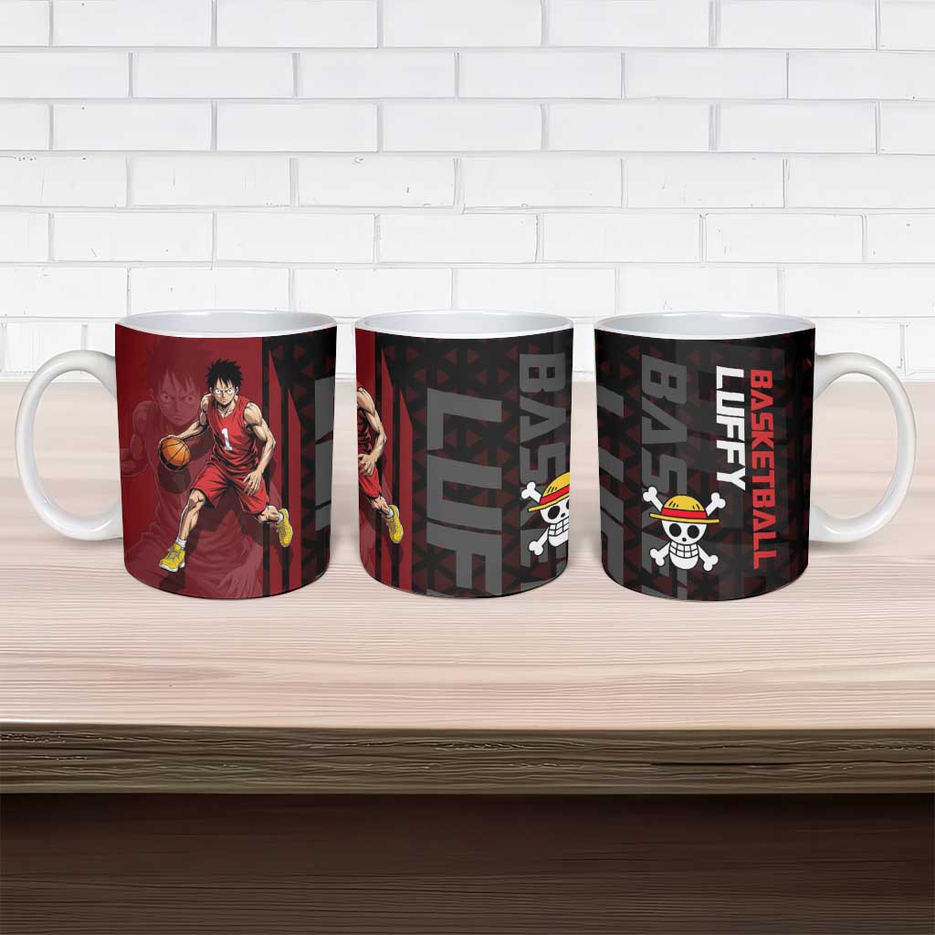 Luffy One Piece Basketball Theme Red and Black Design Ceramic Mug with Straw Hat Pirate Logo and Sports Pose - The Mazicc