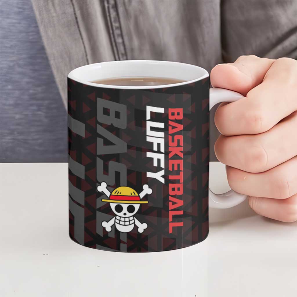 Luffy One Piece Basketball Theme Red and Black Design Ceramic Mug with Straw Hat Pirate Logo and Sports Pose - The Mazicc