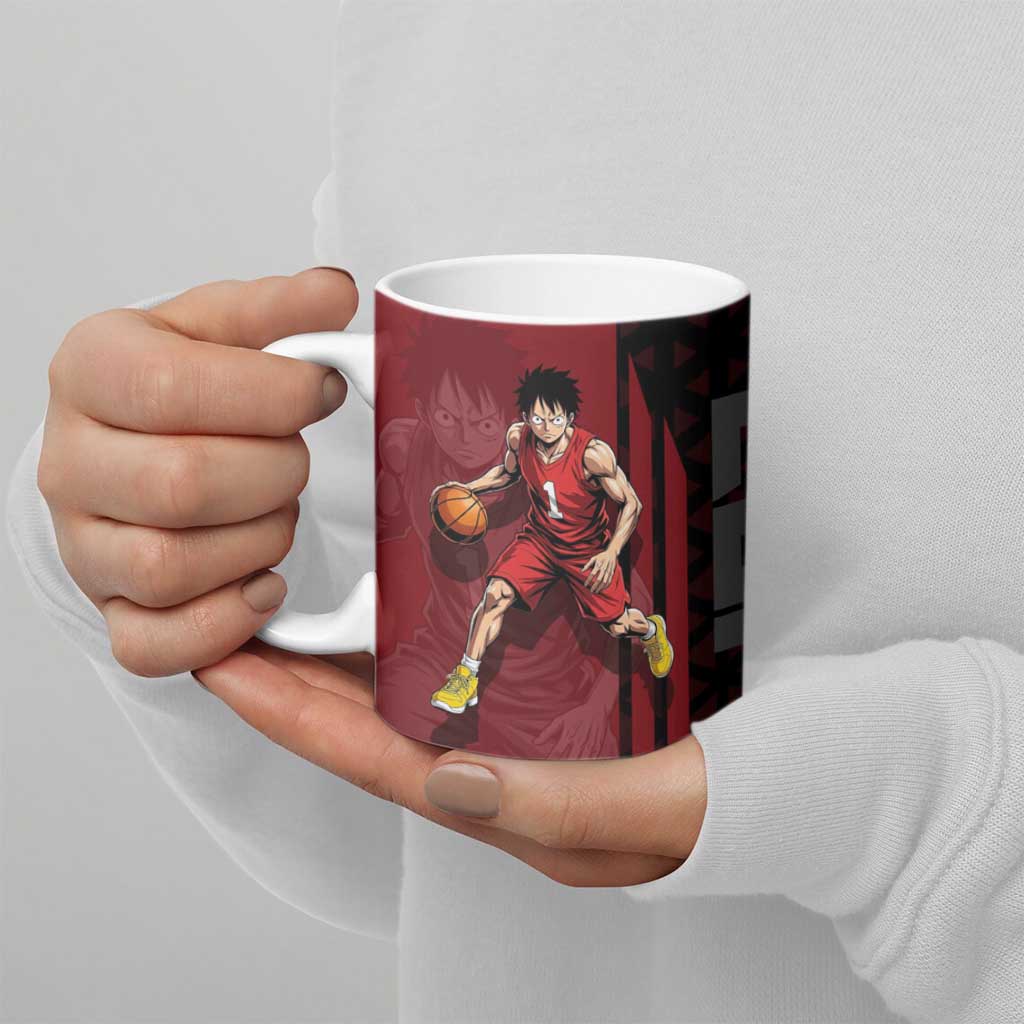 Luffy One Piece Basketball Theme Red and Black Design Ceramic Mug with Straw Hat Pirate Logo and Sports Pose - The Mazicc