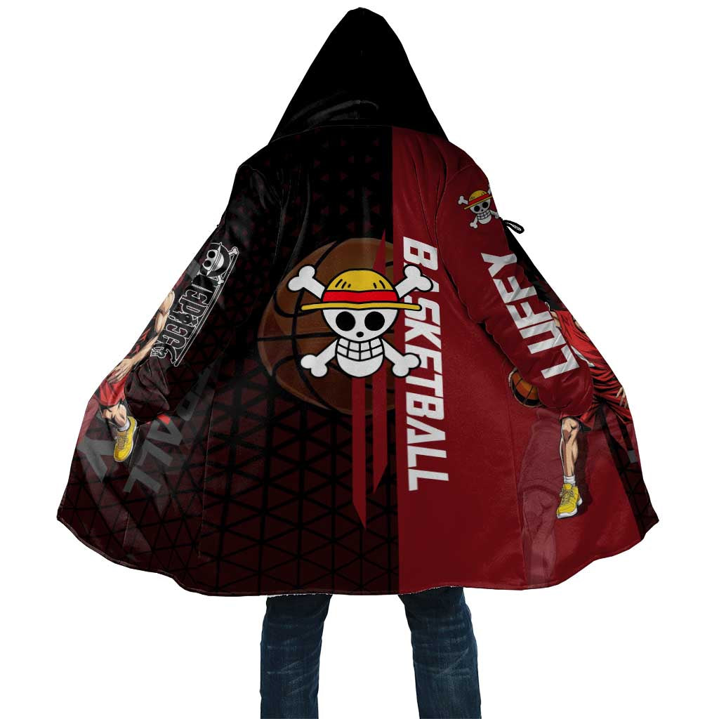 Luffy One Piece Basketball Theme Red and Black Design Cloak with Straw Hat Pirate Logo and Sports Pose - The Mazicc