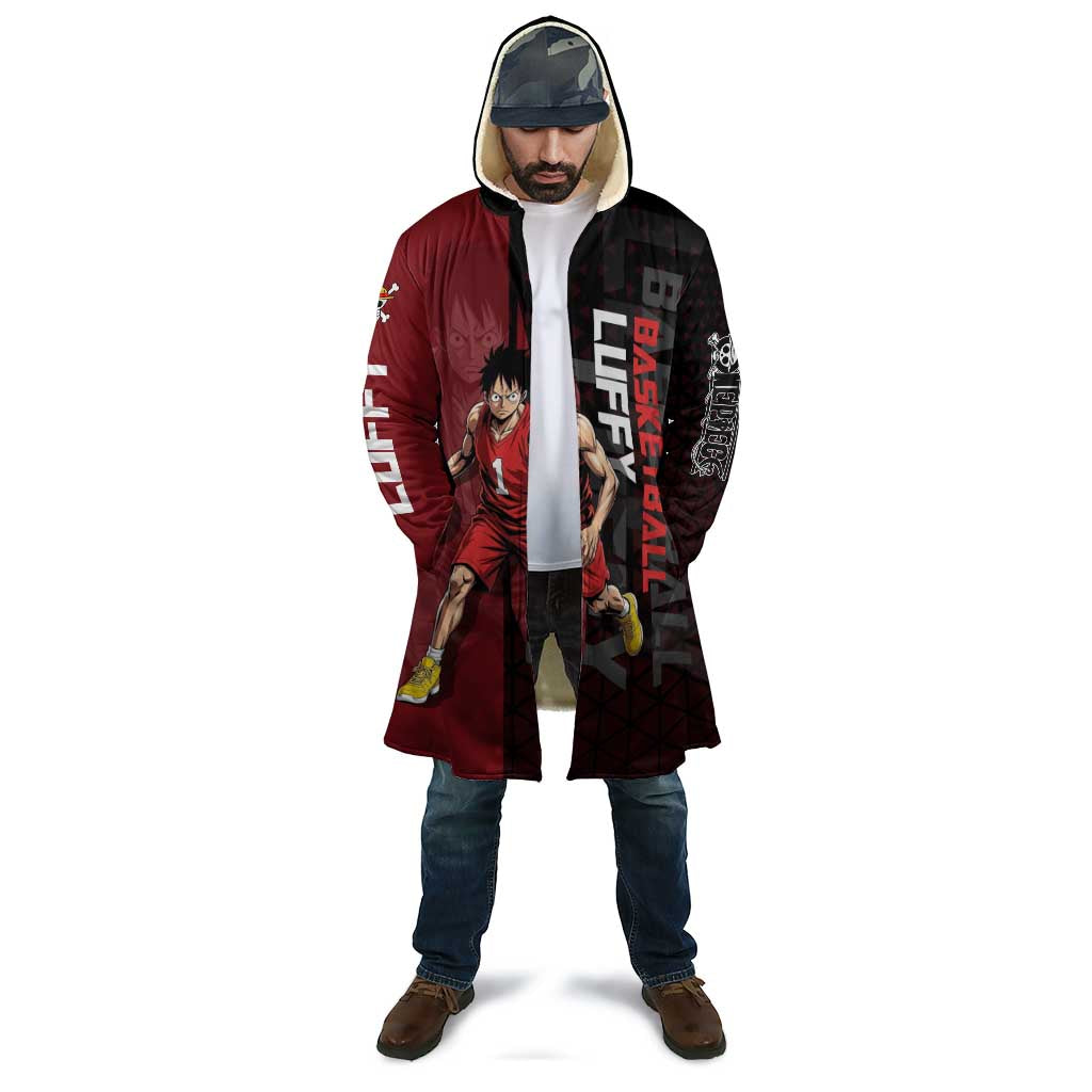 Luffy One Piece Basketball Theme Red and Black Design Cloak with Straw Hat Pirate Logo and Sports Pose - The Mazicc