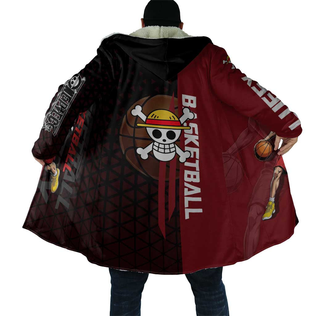 Luffy One Piece Basketball Theme Red and Black Design Cloak with Straw Hat Pirate Logo and Sports Pose - The Mazicc