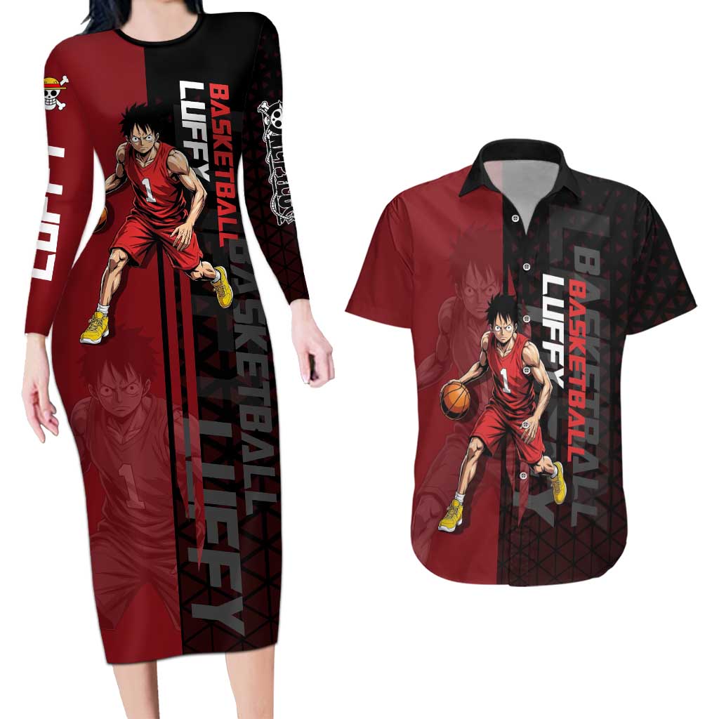 Luffy One Piece Basketball Theme Red and Black Design Couples Matching Long Sleeve Bodycon Dress and Hawaiian Shirt with Straw Hat Pirate Logo and Sports Pose - The Mazicc