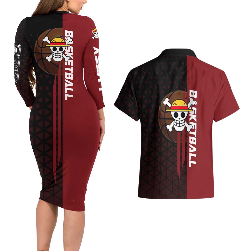 Luffy One Piece Basketball Theme Red and Black Design Couples Matching Long Sleeve Bodycon Dress and Hawaiian Shirt with Straw Hat Pirate Logo and Sports Pose - The Mazicc