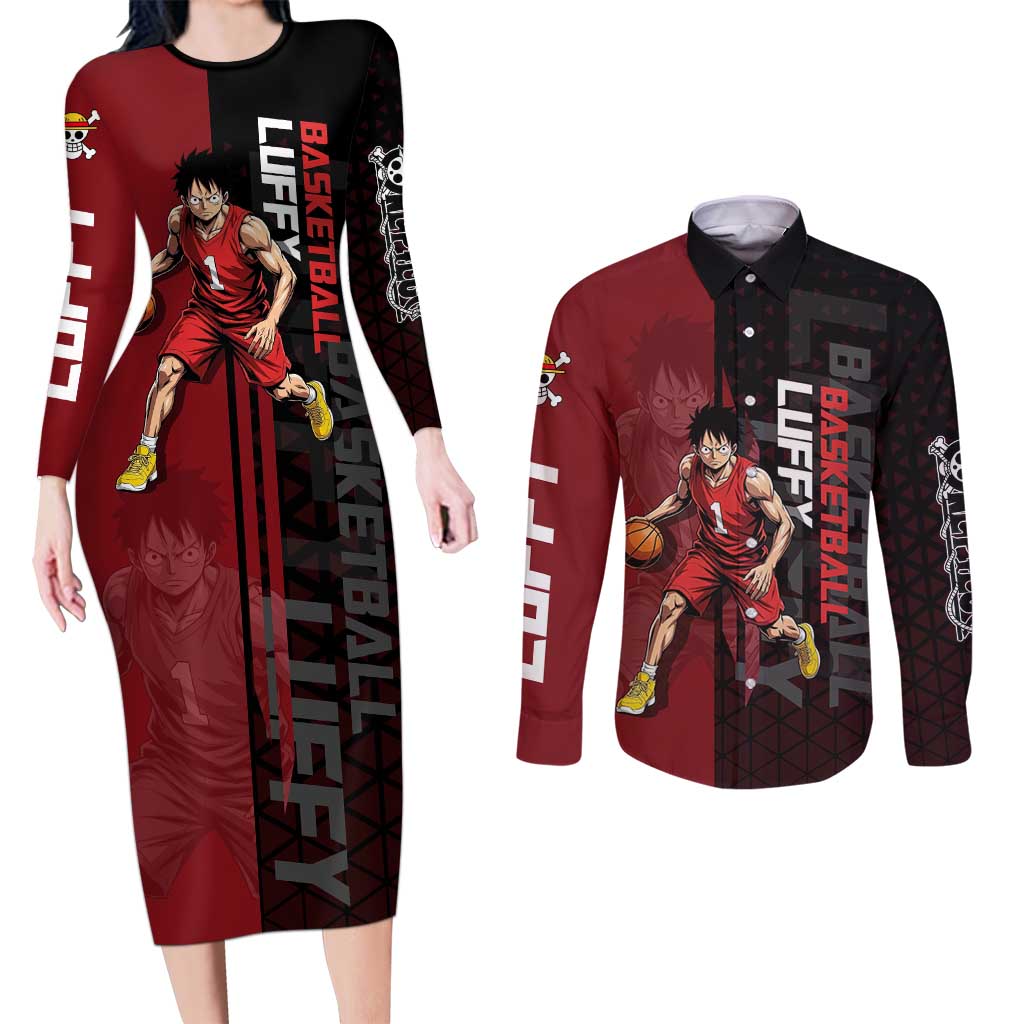 Luffy One Piece Basketball Theme Red and Black Design Couples Matching Long Sleeve Bodycon Dress and Long Sleeve Button Shirt with Straw Hat Pirate Logo and Sports Pose - The Mazicc