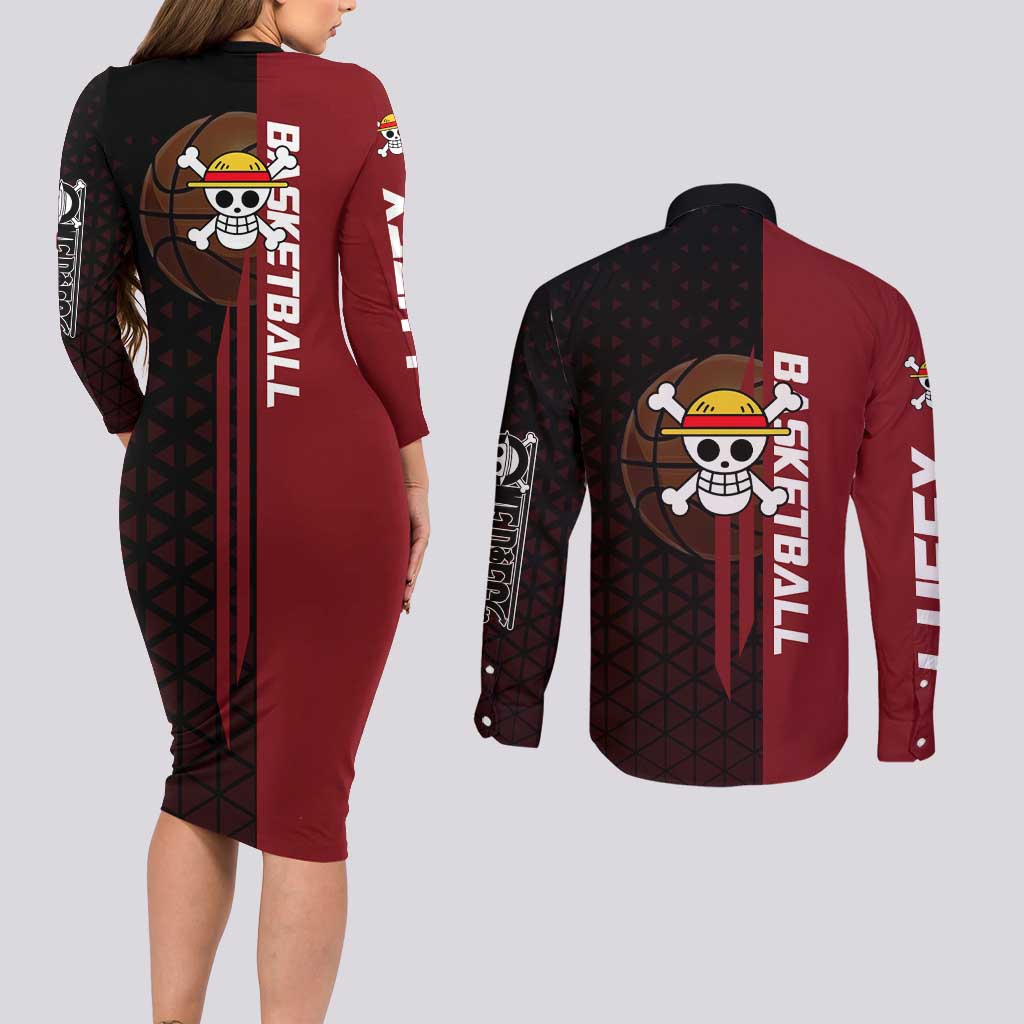 Luffy One Piece Basketball Theme Red and Black Design Couples Matching Long Sleeve Bodycon Dress and Long Sleeve Button Shirt with Straw Hat Pirate Logo and Sports Pose - The Mazicc
