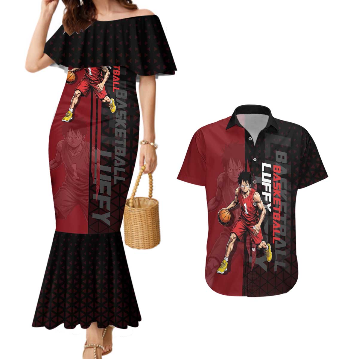 Luffy One Piece Basketball Theme Red and Black Design Couples Matching Mermaid Dress and Hawaiian Shirt with Straw Hat Pirate Logo and Sports Pose - The Mazicc