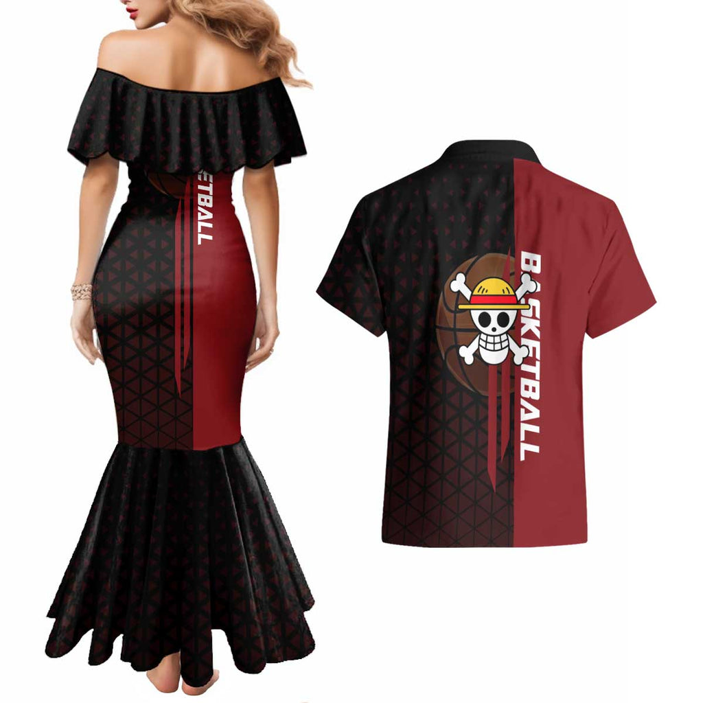 Luffy One Piece Basketball Theme Red and Black Design Couples Matching Mermaid Dress and Hawaiian Shirt with Straw Hat Pirate Logo and Sports Pose - The Mazicc