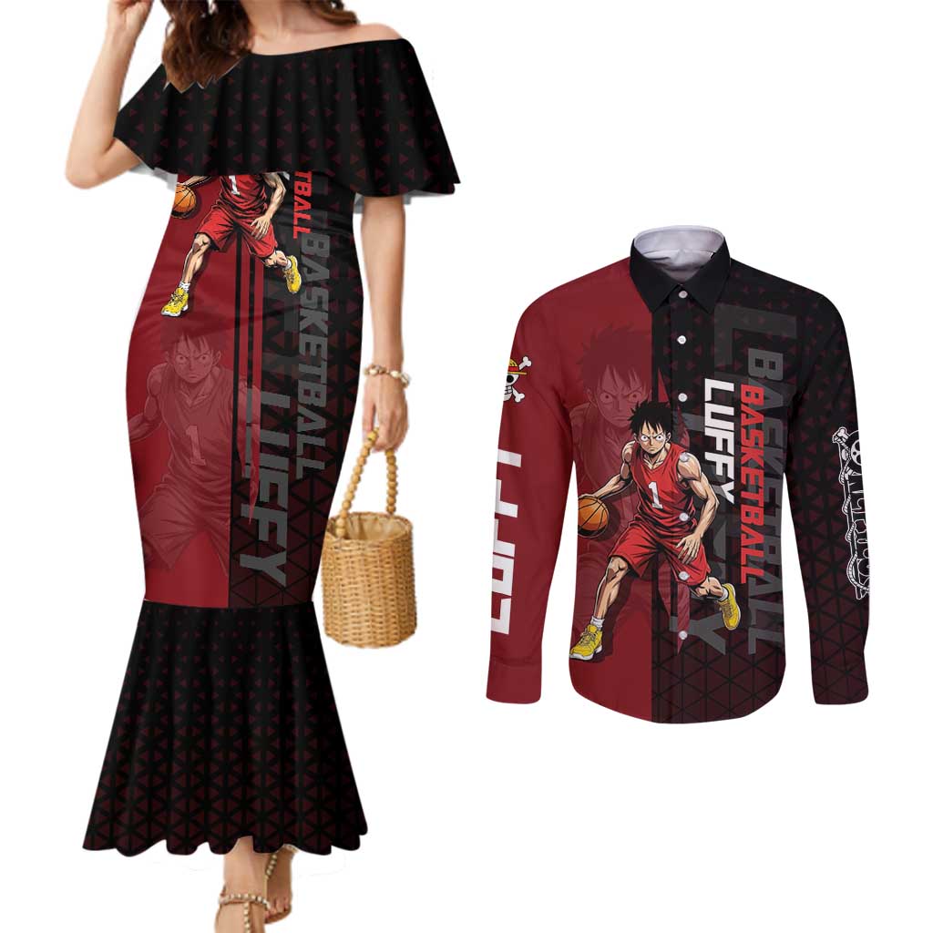 Luffy One Piece Basketball Theme Red and Black Design Couples Matching Mermaid Dress and Long Sleeve Button Shirt with Straw Hat Pirate Logo and Sports Pose - The Mazicc