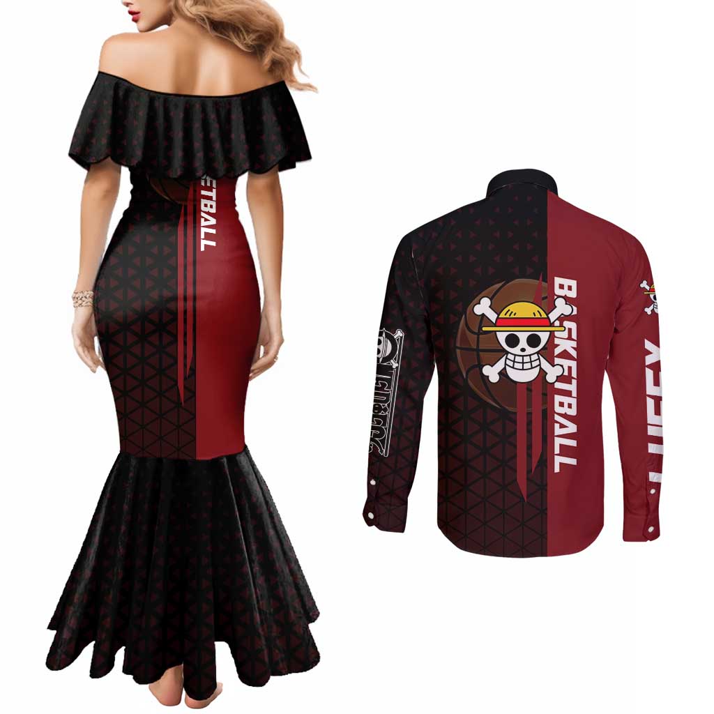 Luffy One Piece Basketball Theme Red and Black Design Couples Matching Mermaid Dress and Long Sleeve Button Shirt with Straw Hat Pirate Logo and Sports Pose - The Mazicc