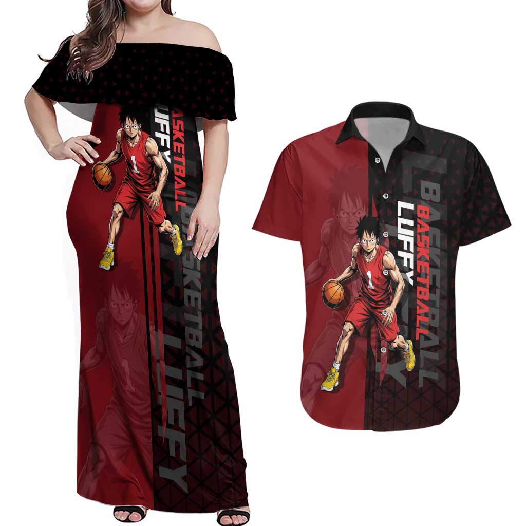 Luffy One Piece Basketball Theme Red and Black Design Couples Matching Off Shoulder Maxi Dress and Hawaiian Shirt with Straw Hat Pirate Logo and Sports Pose - The Mazicc