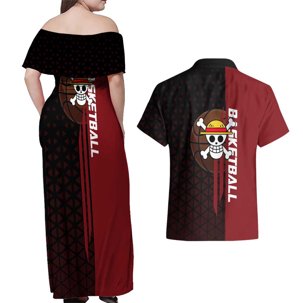 Luffy One Piece Basketball Theme Red and Black Design Couples Matching Off Shoulder Maxi Dress and Hawaiian Shirt with Straw Hat Pirate Logo and Sports Pose - The Mazicc