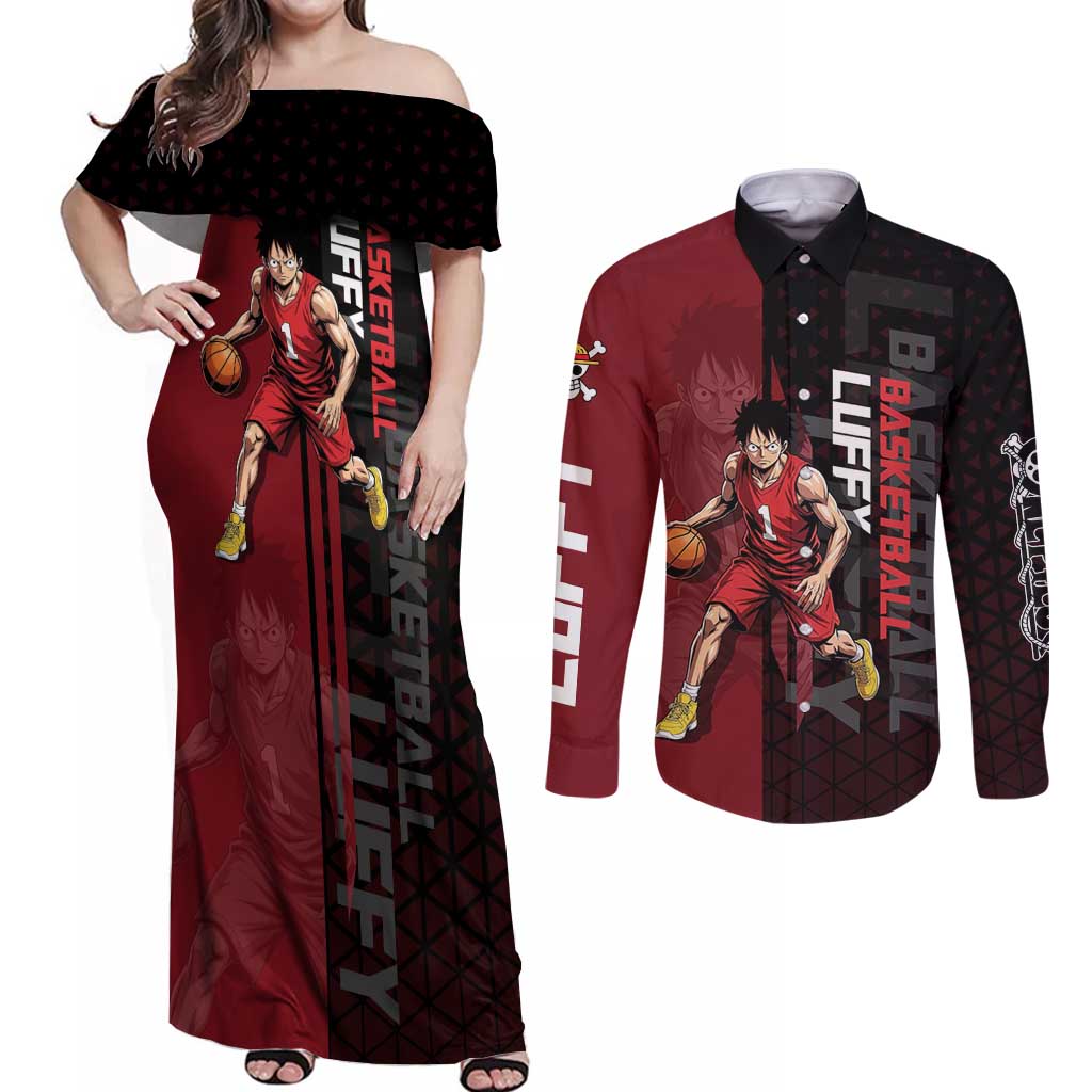 Luffy One Piece Basketball Theme Red and Black Design Couples Matching Off Shoulder Maxi Dress and Long Sleeve Button Shirt with Straw Hat Pirate Logo and Sports Pose - The Mazicc