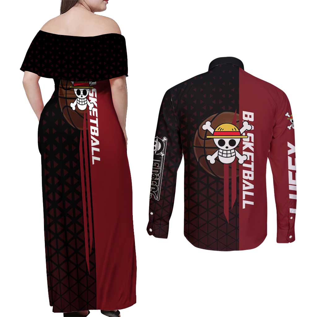 Luffy One Piece Basketball Theme Red and Black Design Couples Matching Off Shoulder Maxi Dress and Long Sleeve Button Shirt with Straw Hat Pirate Logo and Sports Pose - The Mazicc