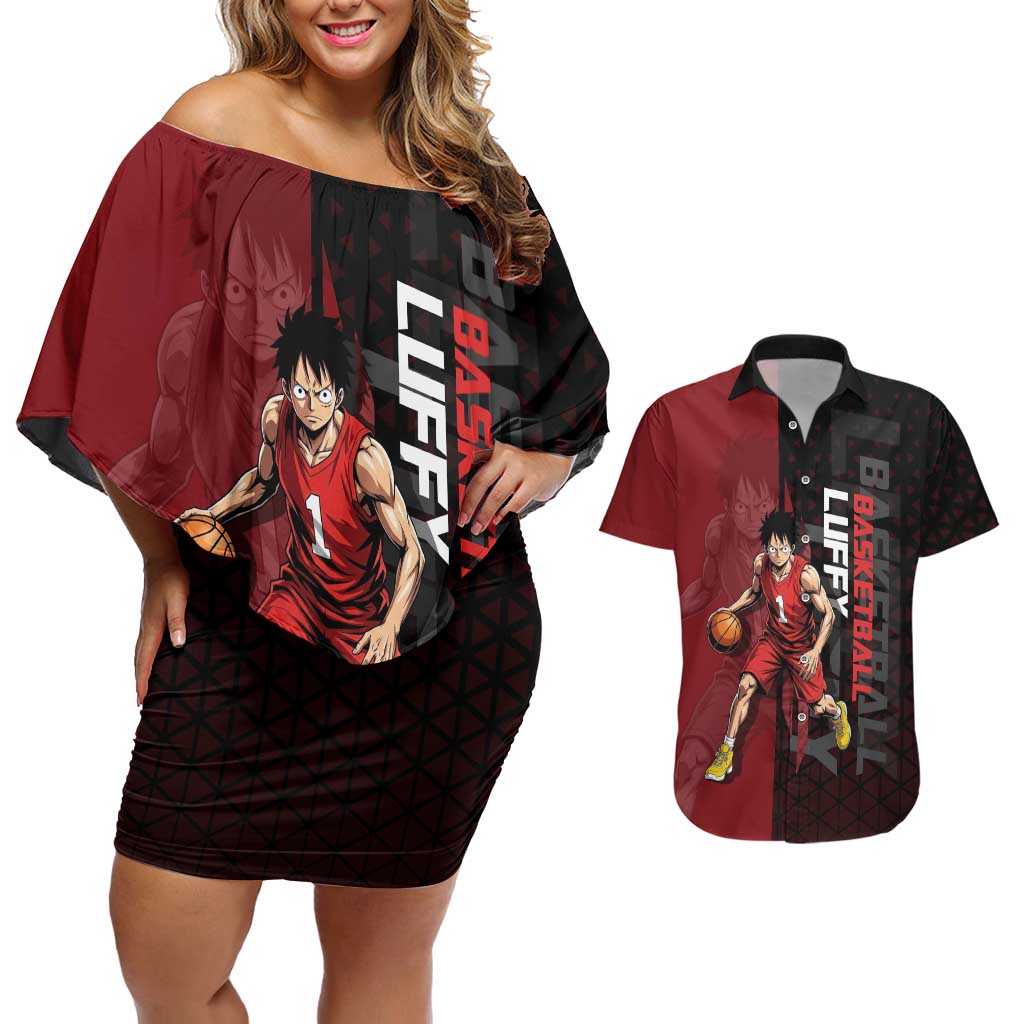 Luffy One Piece Basketball Theme Red and Black Design Couples Matching Off Shoulder Short Dress and Hawaiian Shirt with Straw Hat Pirate Logo and Sports Pose - The Mazicc