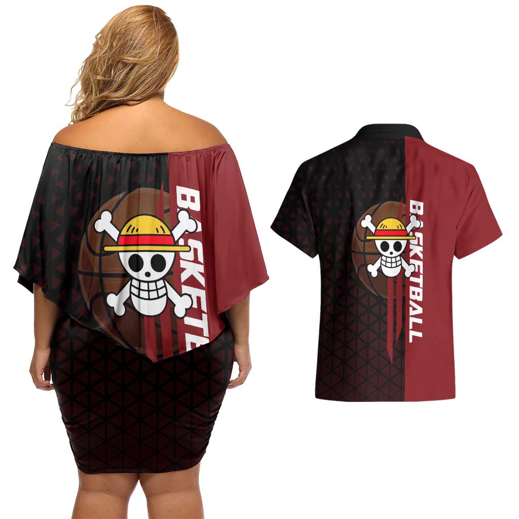 Luffy One Piece Basketball Theme Red and Black Design Couples Matching Off Shoulder Short Dress and Hawaiian Shirt with Straw Hat Pirate Logo and Sports Pose - The Mazicc