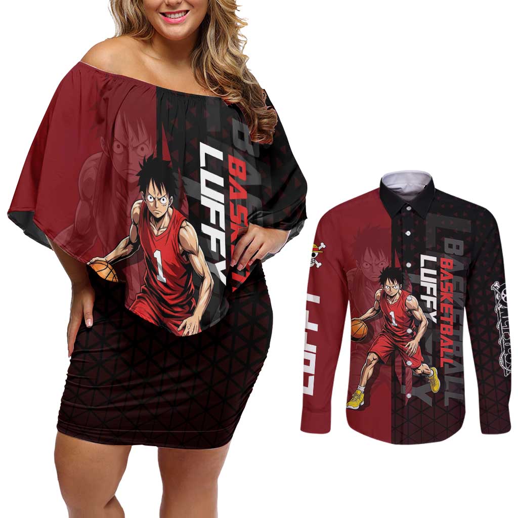 Luffy One Piece Basketball Theme Red and Black Design Couples Matching Off Shoulder Short Dress and Long Sleeve Button Shirt with Straw Hat Pirate Logo and Sports Pose - The Mazicc